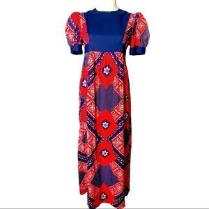 Red Blue Cottagecore Dress Prairie Girl Long Puffed Sleeve 1970 S/Med